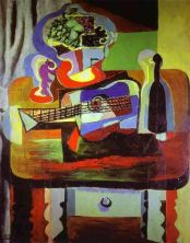 Haga click para ver la imagen ampliada guitar bottle bowl with fruit and glass on table.jpg